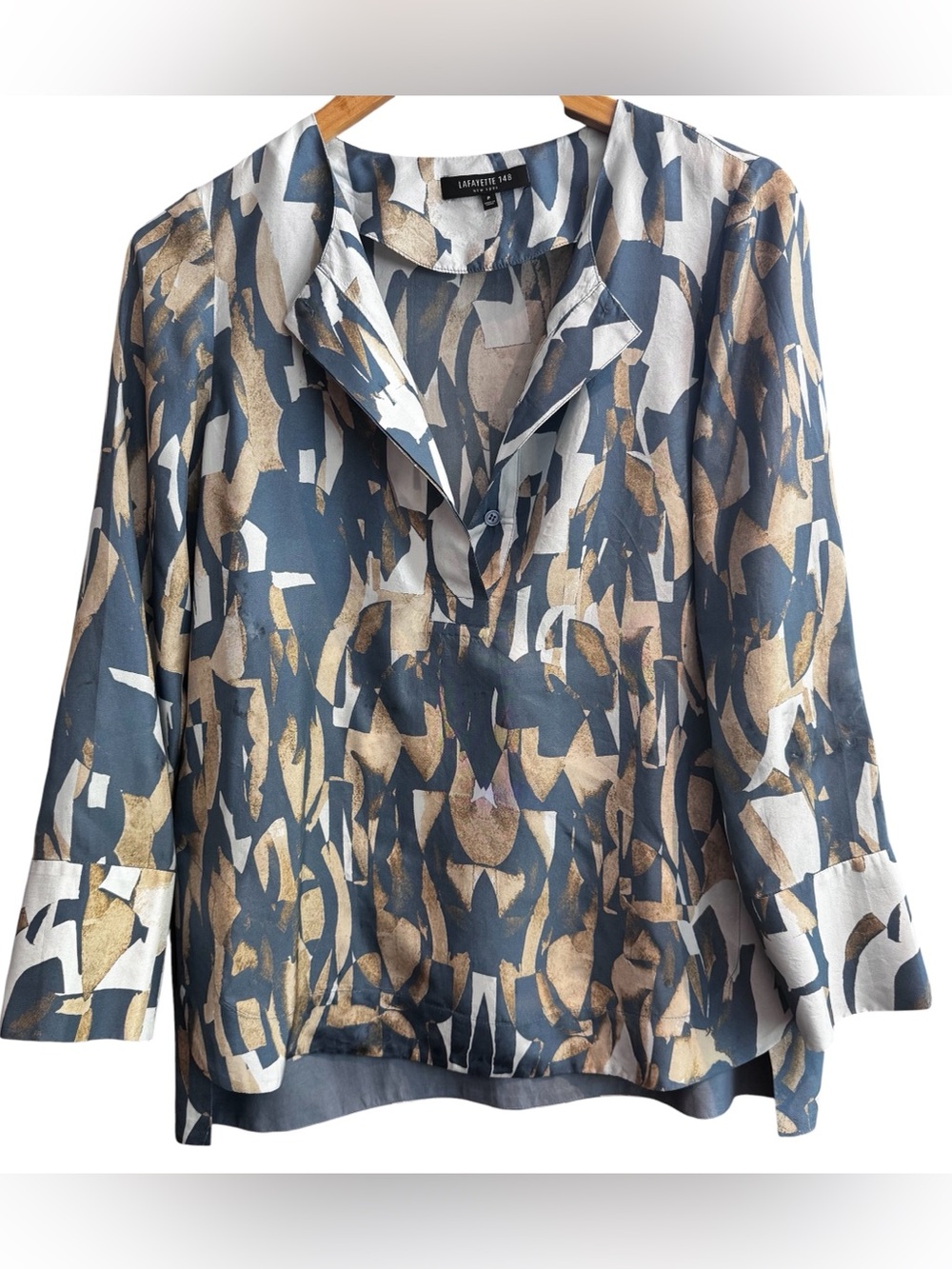 Silk Lafayette 148 New York Abstract Metallic Accent V-Neck, High-Low Blouse, P